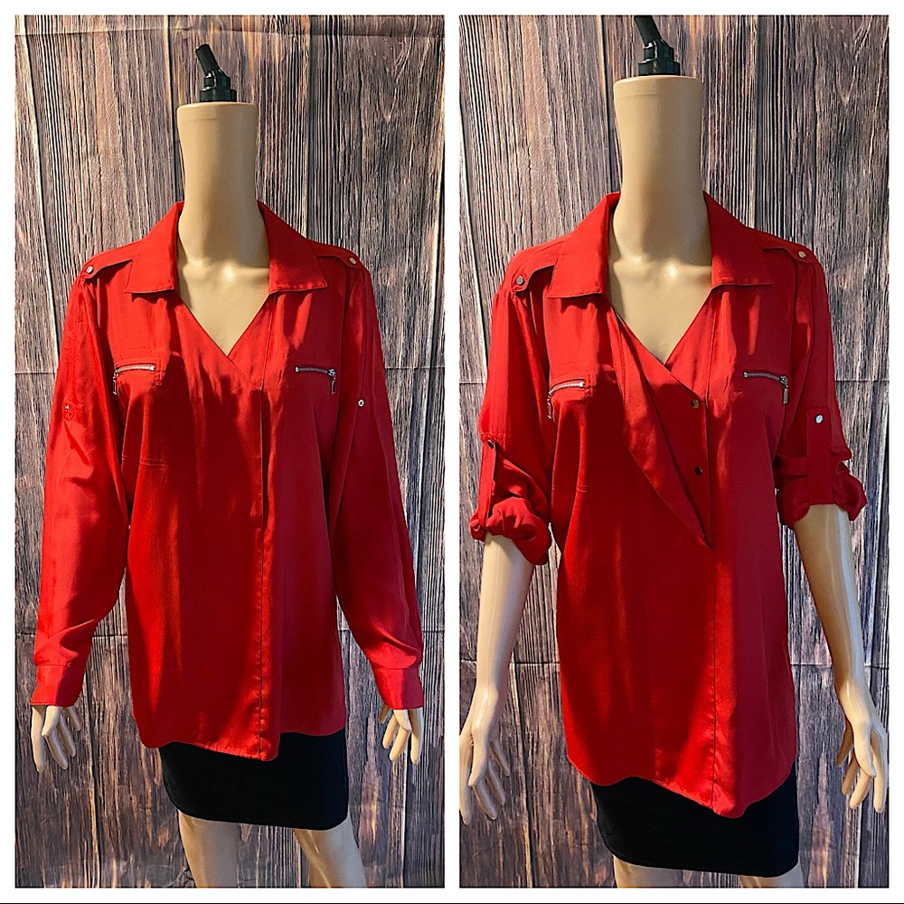 Chico’s size 2 large NWOT ruby red & gold snap buttons long sleeve blouse